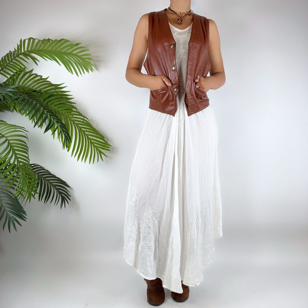 Vintage Y2K White Floral Boho Flowy Sleeveless Maxi Hippie Dress / Size: One - Picture 8 of 9